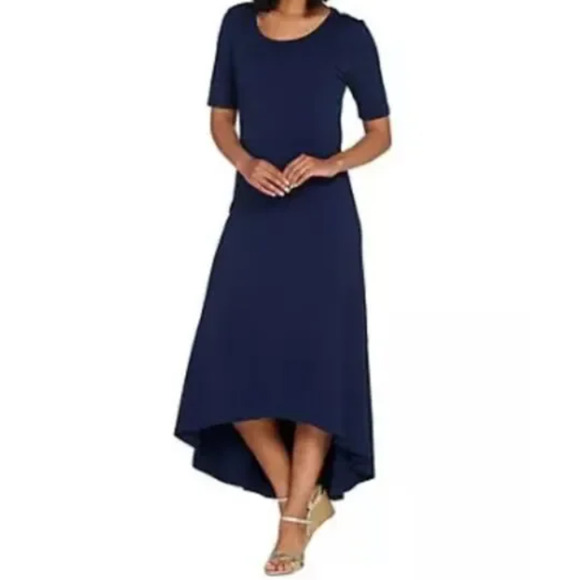 Isaac Mizrahi Sz L-XL Maxi Dress Short Sleeves Hi-Low Hem Stretch Knit Navy Blue - Picture 1 of 11